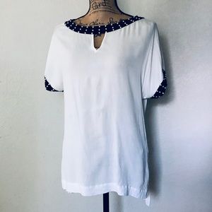 White Blouse Black Trim with Studded Pearls